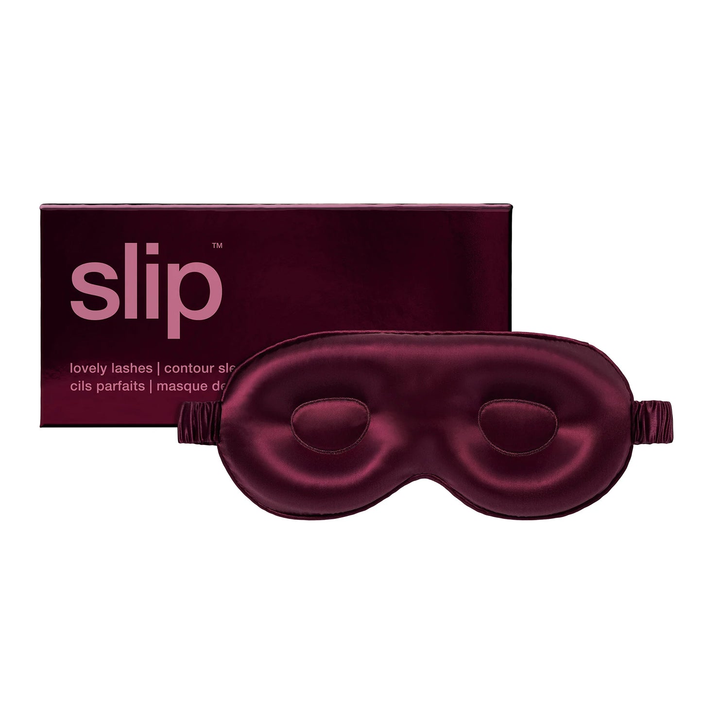 Burgundy satin eye mask with 'slip' packaging on a white background
