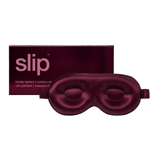 Burgundy satin eye mask with 'slip' packaging on a white background