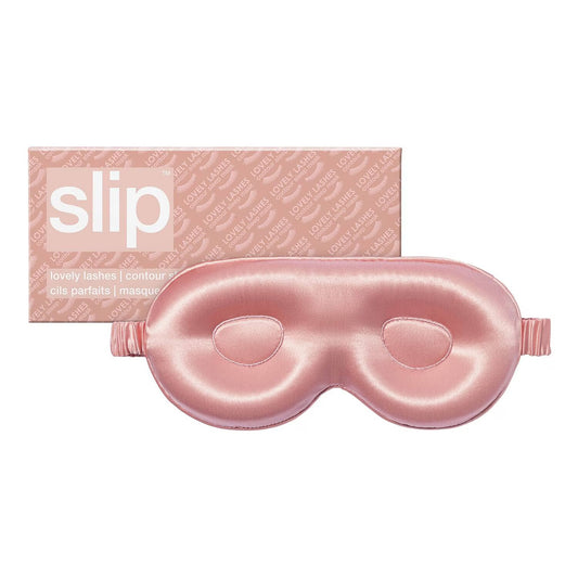 Pink satin eye mask with 'slip' packaging on a white background