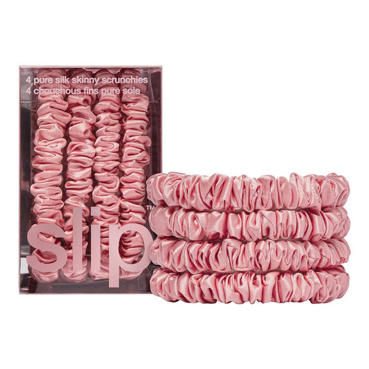 Pink scrunchies with packaging labeled 'slip' on a white background