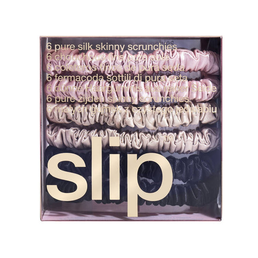 Pack of six silk skinny scrunchies in a 'slip' branded box.