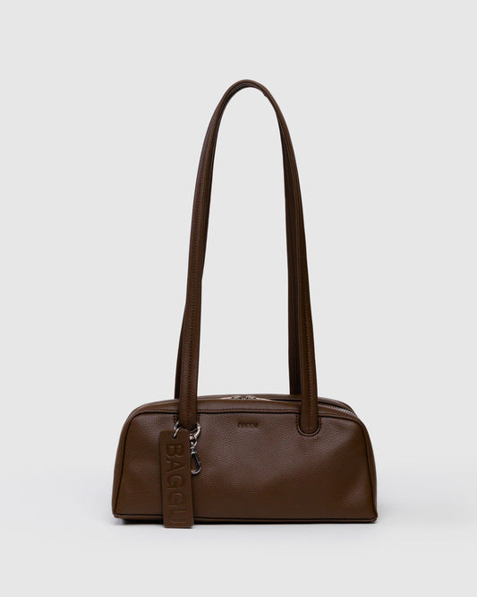 Brown handbag with a strap on a white background