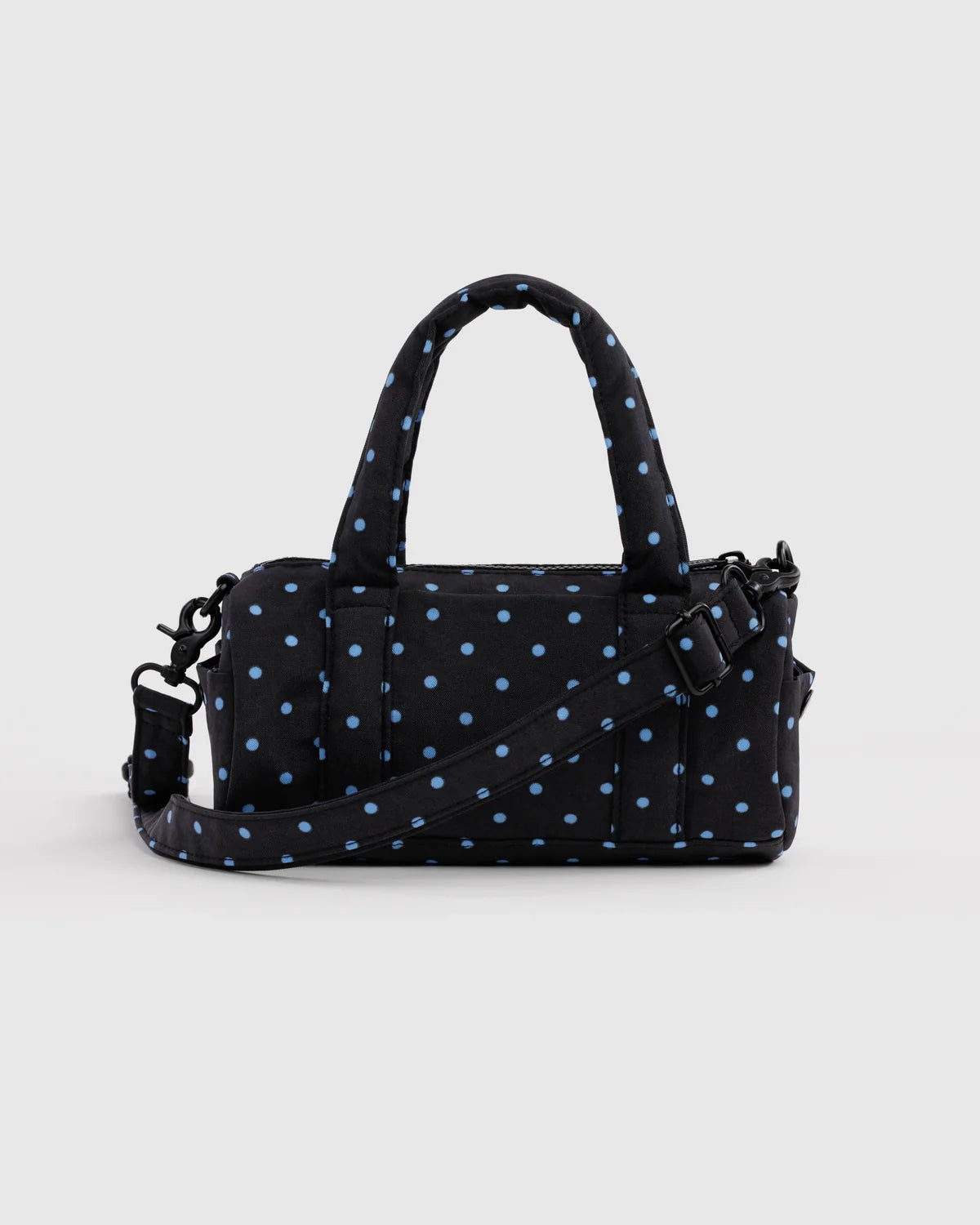 BAGGU Small Nylon Duffle Bag in Black and Sky Blue Micro Dot on a white bakcground 