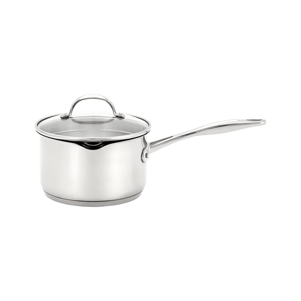 Stainless steel saucepan with lid on a white background