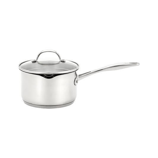 Stainless steel saucepan with lid on a white background