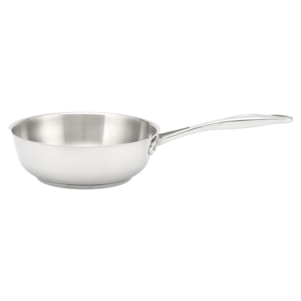 Stainless steel frying pan on a white background