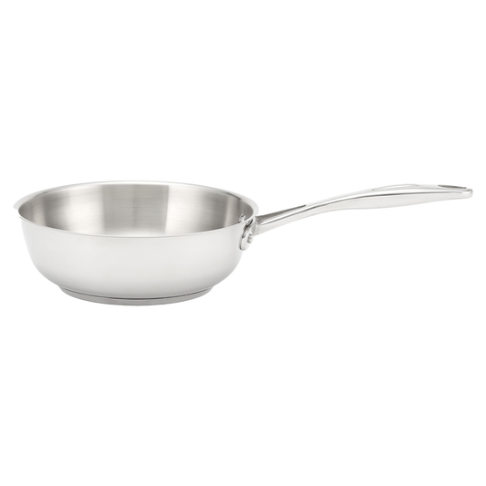Stainless steel frying pan on a white background