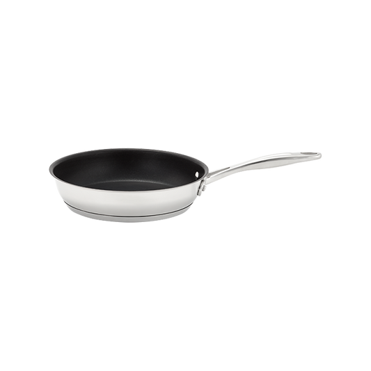 Frying pan with a black non-stick surface on a white background