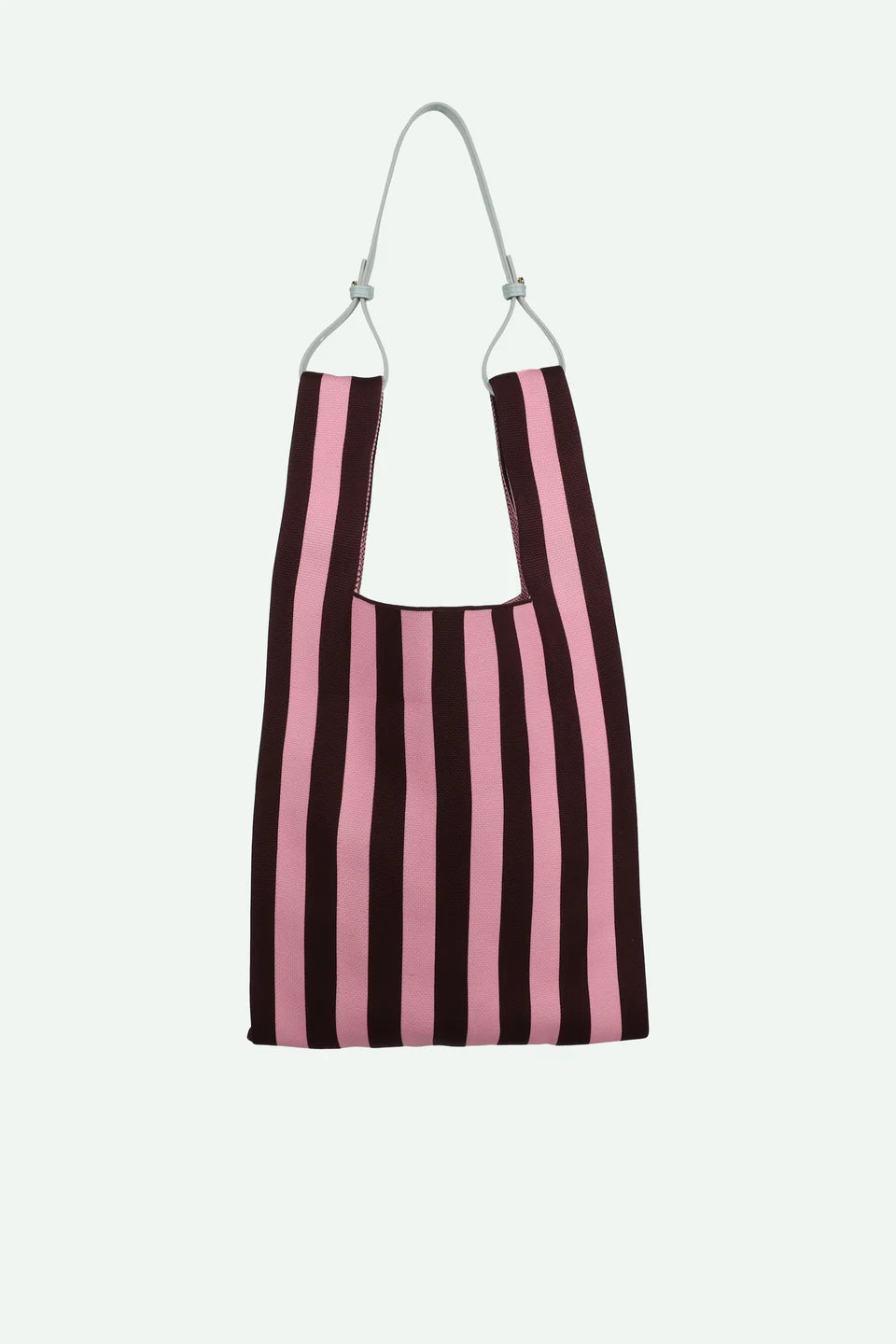 Striped bag with pink and black vertical stripes on a white background