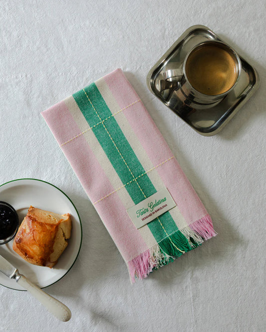Tarta Gelatina Striped Napkins Set of 2 in Green/Pink stripe on a white background 