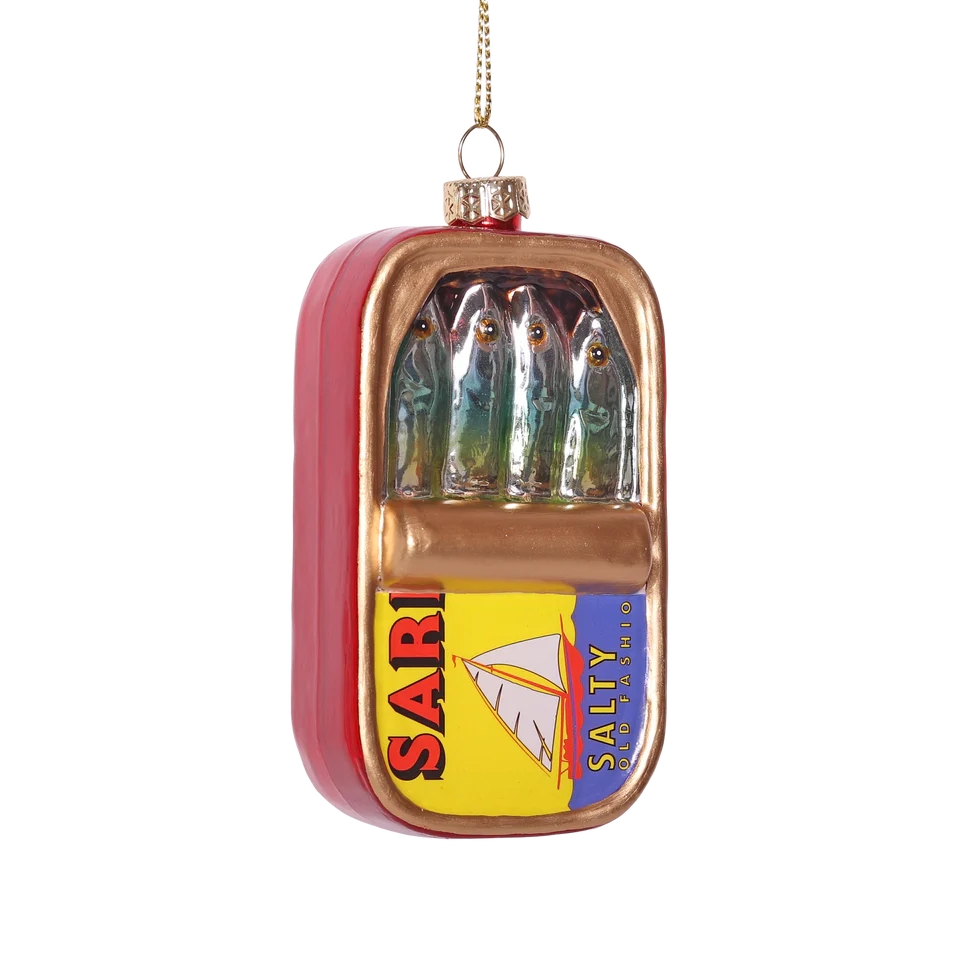 Decorative ornament shaped like a Sardine Can with 'Salty' branding on a white background