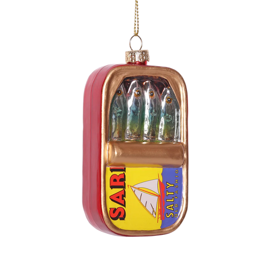 Decorative ornament shaped like a Sardine Can with 'Salty' branding on a white background