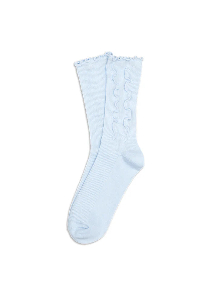 Light blue sock with lace detail on a white background