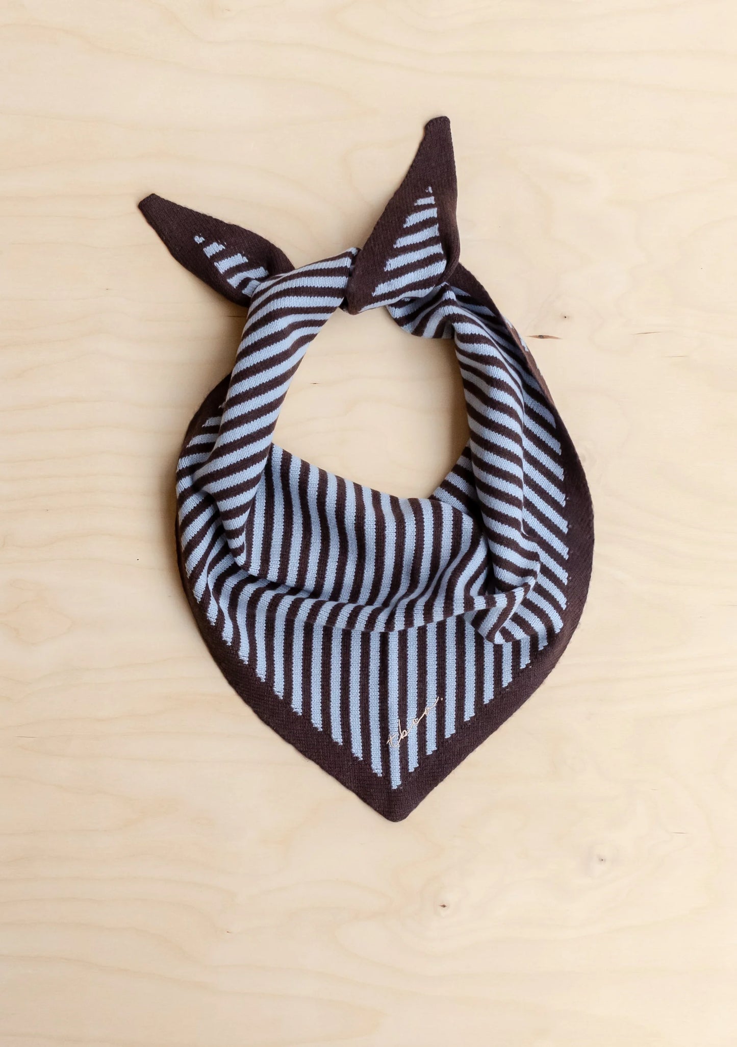 TBCO Merino Wool Scarf in Blue and Brown Stripe on a beige background 