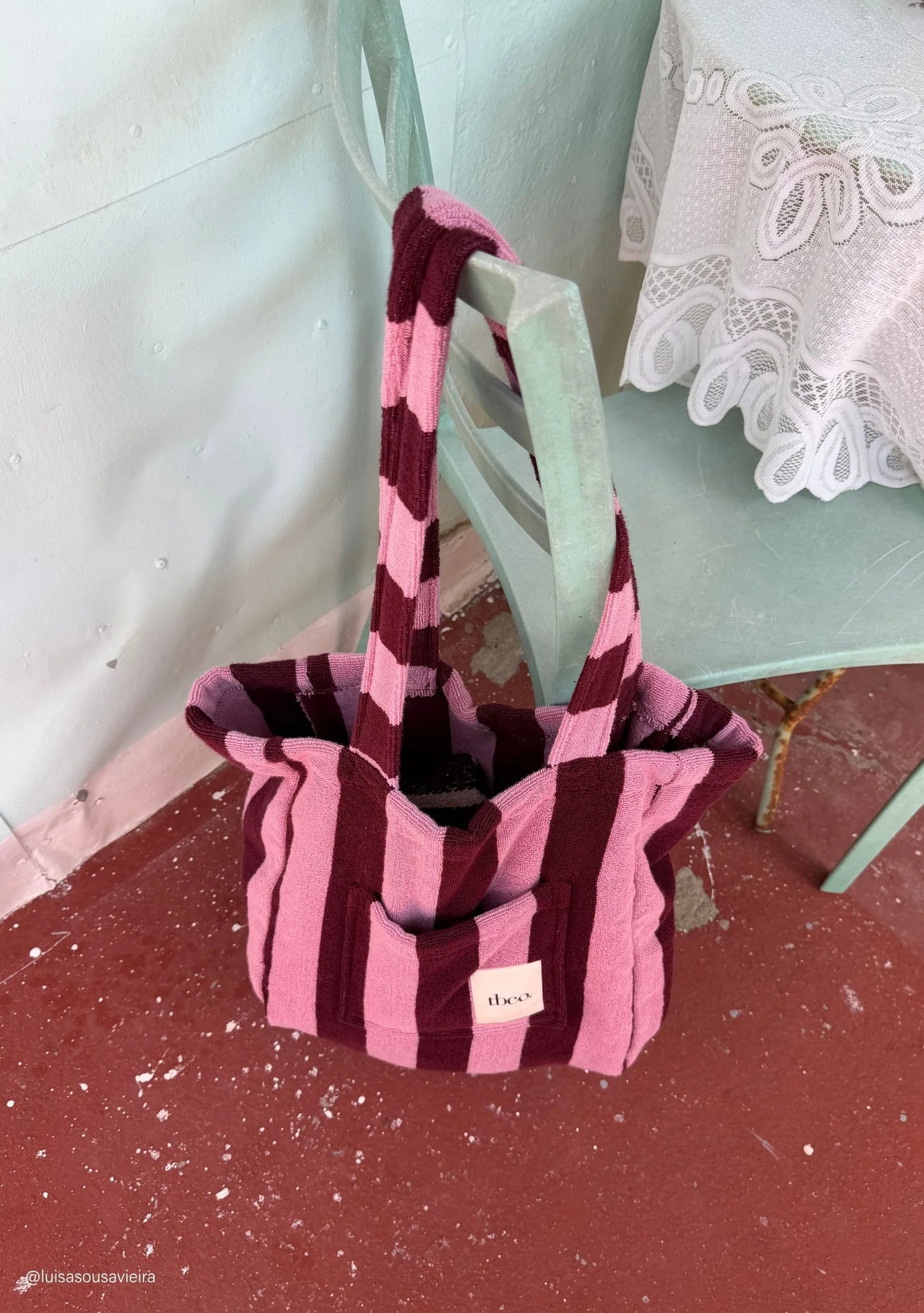 TBCo Terry Cotton Tote Bag in Burgundy Stripe