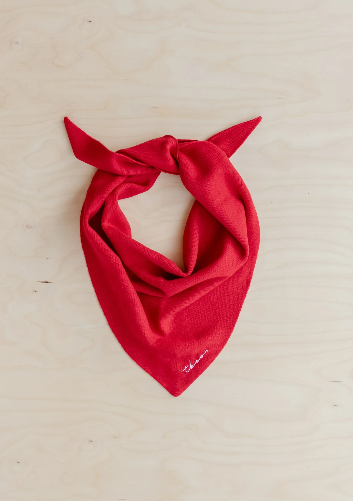 Red bandana with text on a beige background