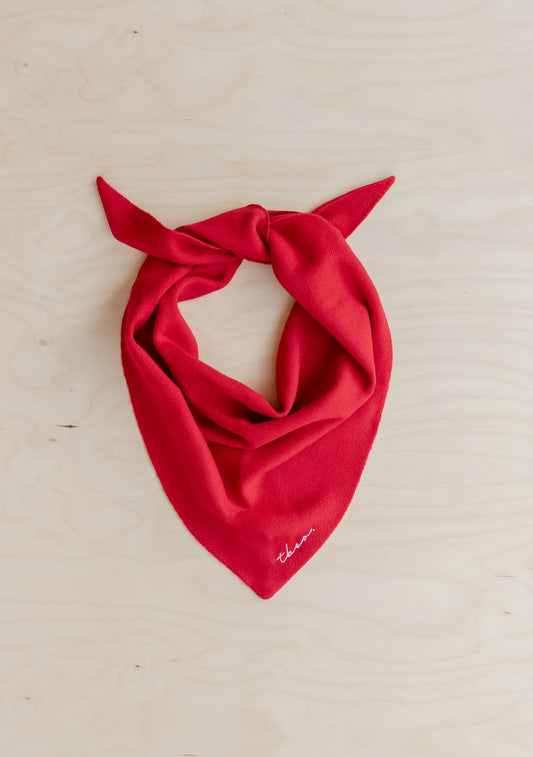 Red bandana with text on a beige background