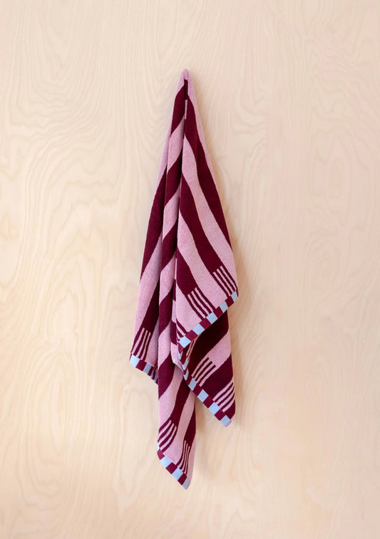 TBCo Terry Cotton Towel in Burgundy Stripe Bath Sheet on a beige background 