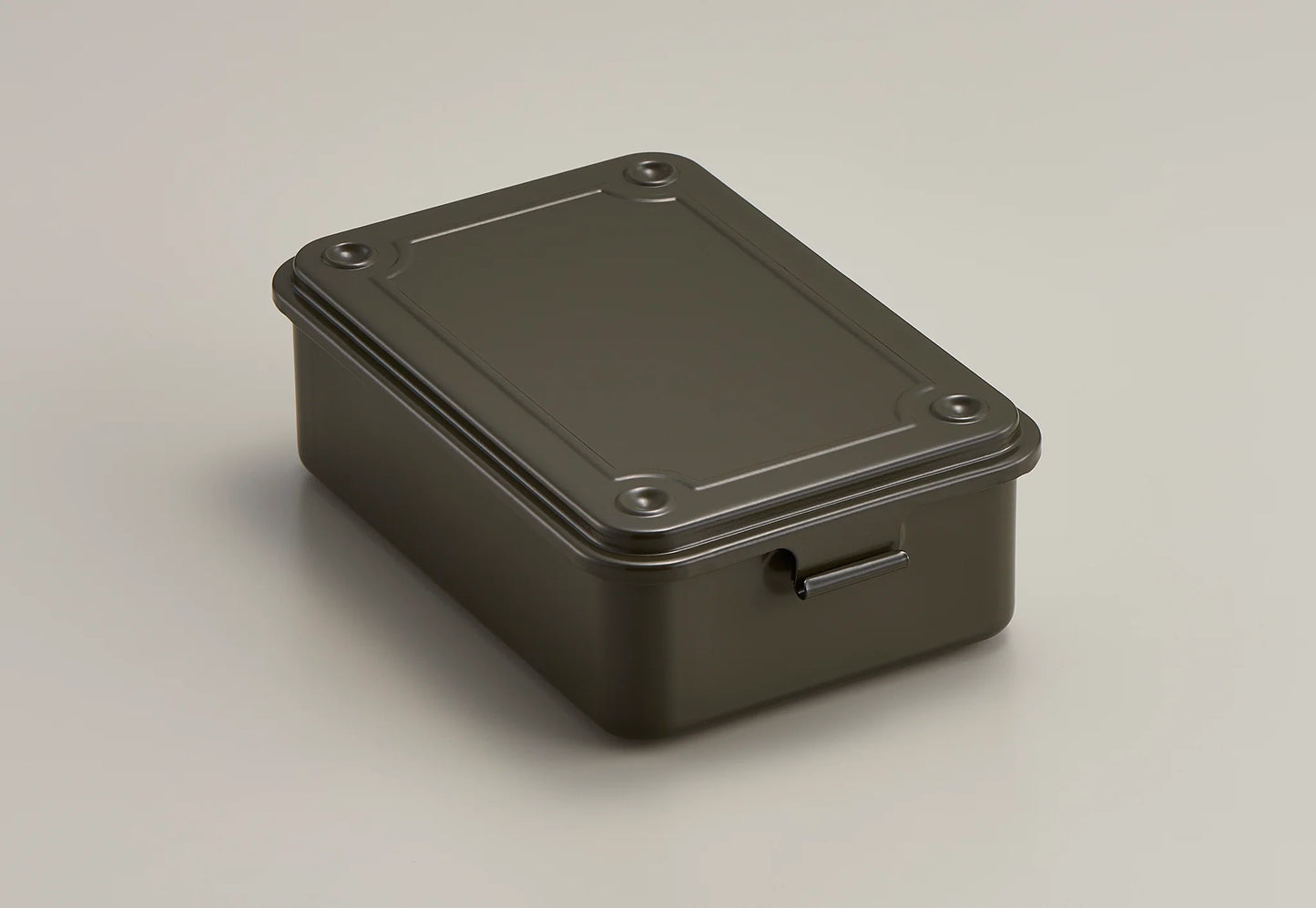 Gray / moss green rectangular metal box on a light gray background
