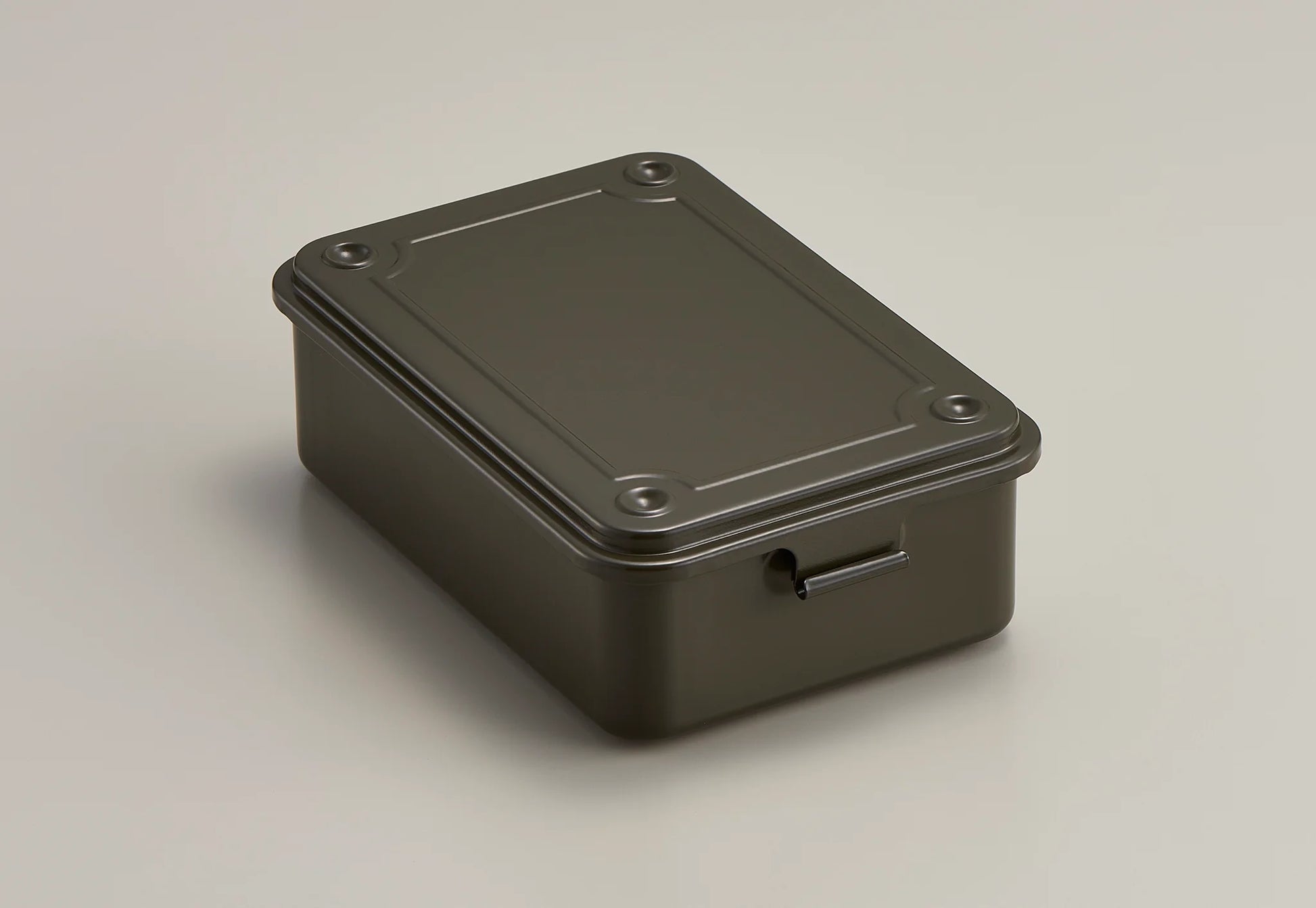 Gray / moss green rectangular metal box on a light gray background