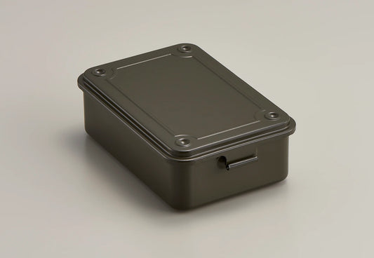 Gray / moss green rectangular metal box on a light gray background