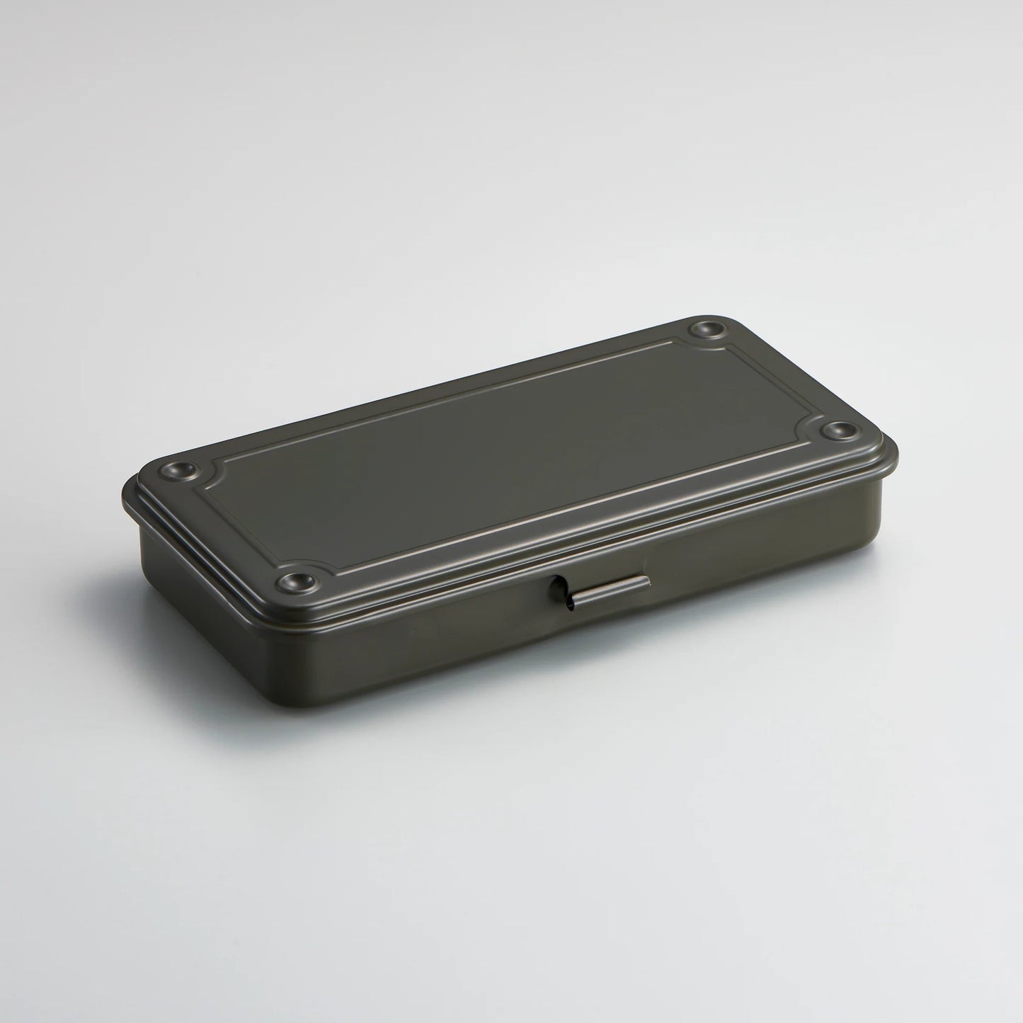 Black rectangular metal box on a light gray background