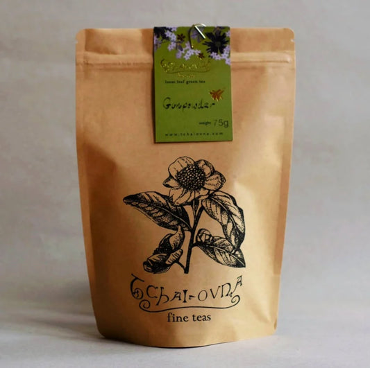 Tchai-Ovna Gunpowder Green Tea in a brown bag