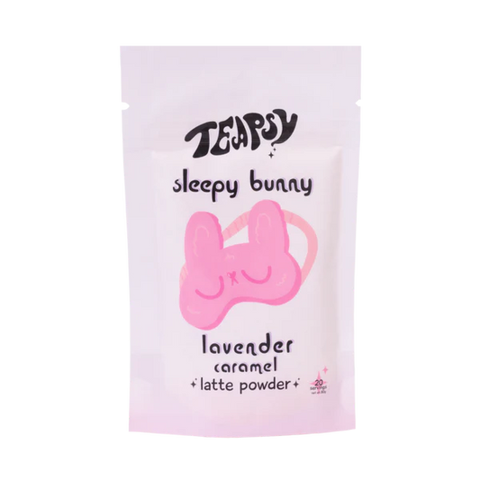Teapigs sleepy bunny lavender caramel latte powder packaging on a white background