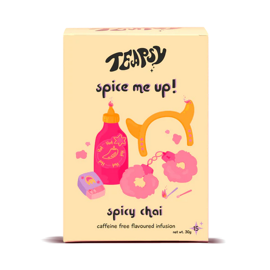 Tea box with colorful graphics and text on a white background