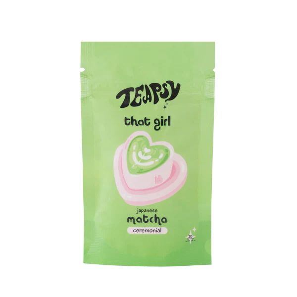 Green package of TEAPSY 'that girl' Japanese matcha ceremonial tea on a white background