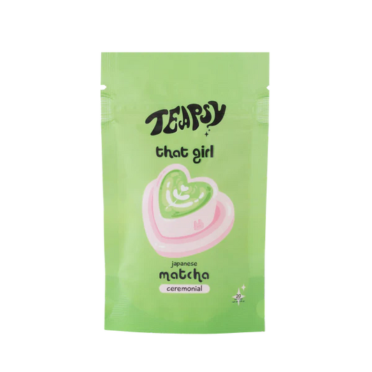 Green package of TEAPSY 'that girl' Japanese matcha ceremonial tea on a white background