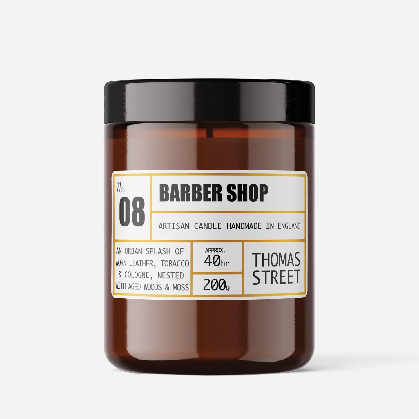 Thomas Street Barber Shop Candle 200g in amber glass jar