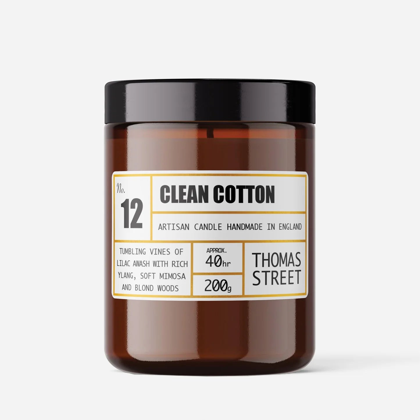 Thomas Street Clean Cotton Candle 200g in amber glass jar 