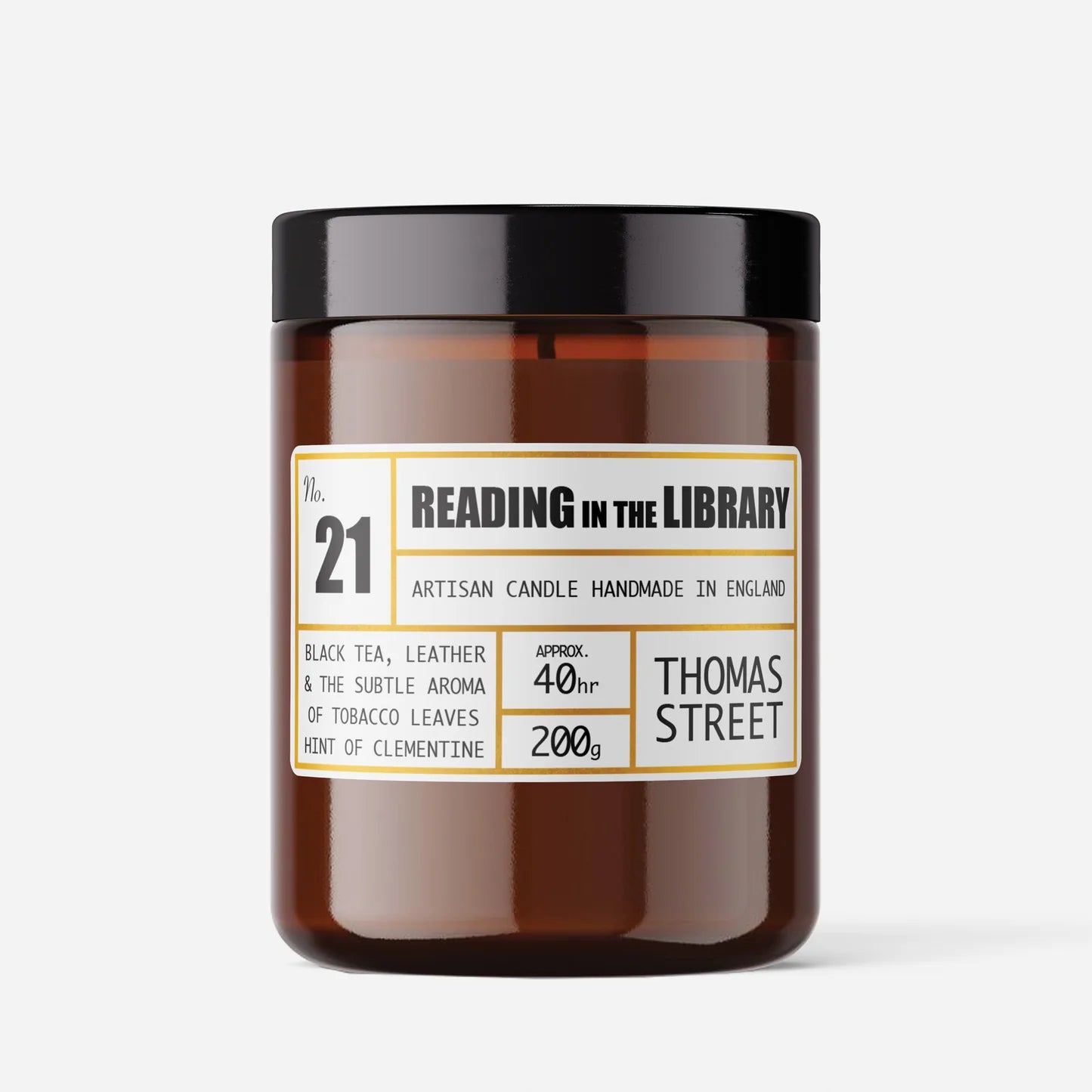 Thomas Street Reading In The Library Candle 200gin amber glass jar