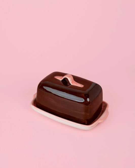 Tierra Cocida Artisanal Ceramic Butter Dish Pink & Brown