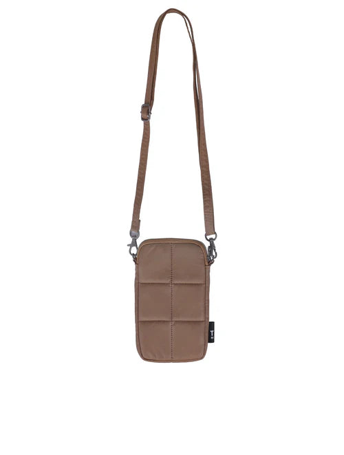 Brown crossbody bag with a strap on a white background