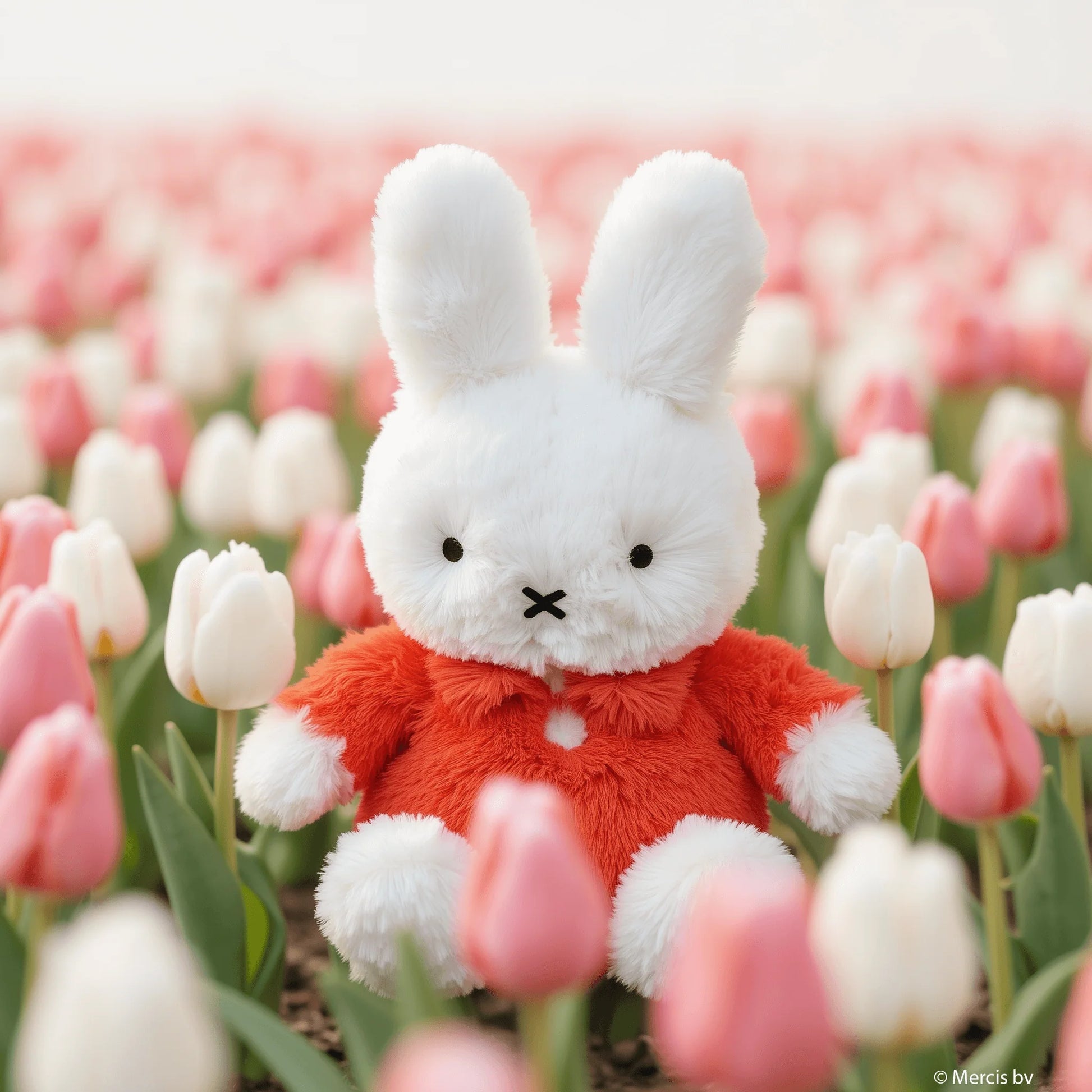 Plush toy rabbit in a red outfit surrounded by tulips