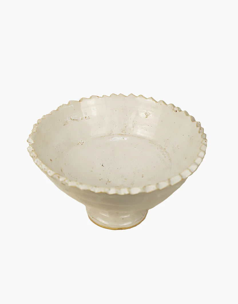 Moroccan White Tamegroute Jagged Edge Pedestal White Fruit Bowl Small