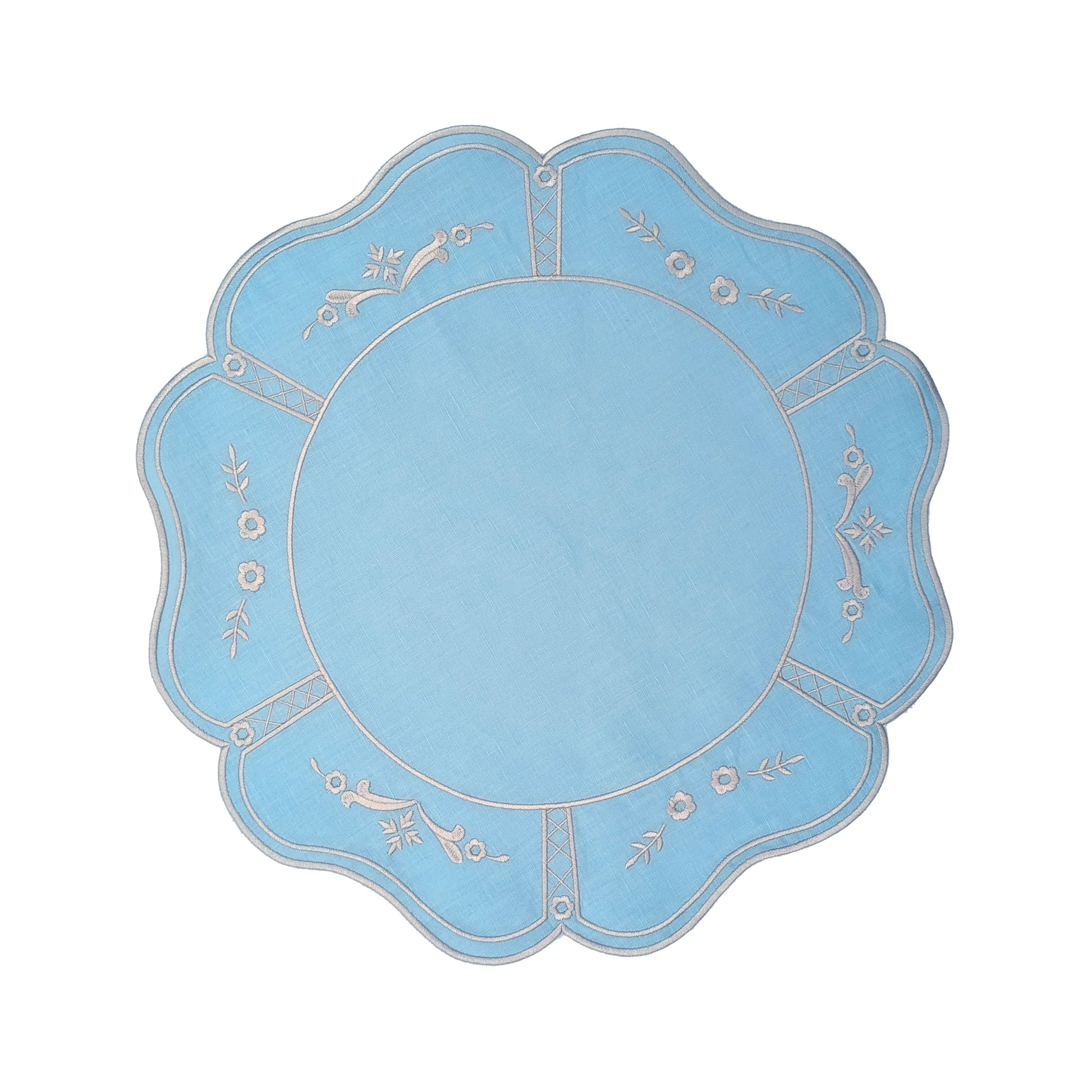 A round, scalloped-edge decorative plate or tray in light blue, featuring a central circular inset and delicate gold floral and vine patterns around the outer rim, shown on a plain white background.