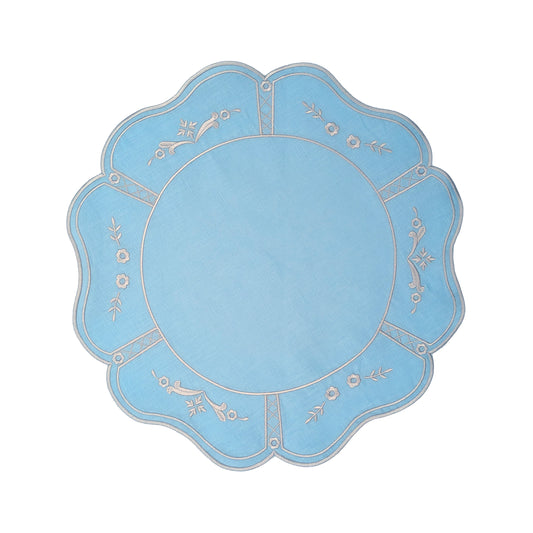 A round, scalloped-edge decorative plate or tray in light blue, featuring a central circular inset and delicate gold floral and vine patterns around the outer rim, shown on a plain white background.
