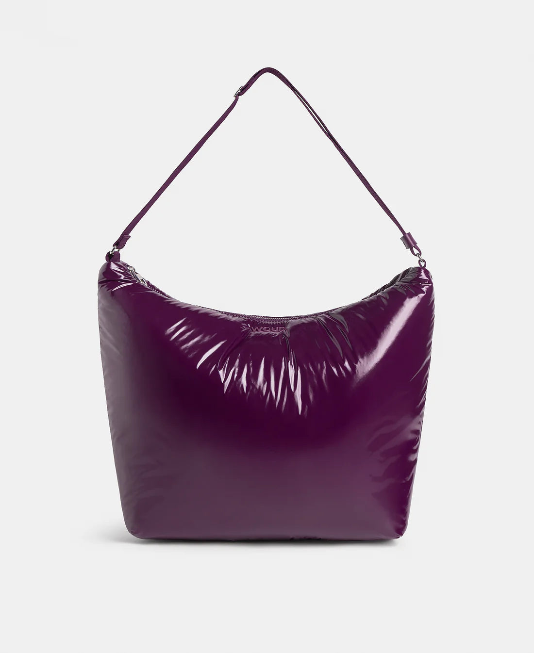 A glossy, deep purple hobo shoulder bag with a single strap, photographed against a clean, light gray background.