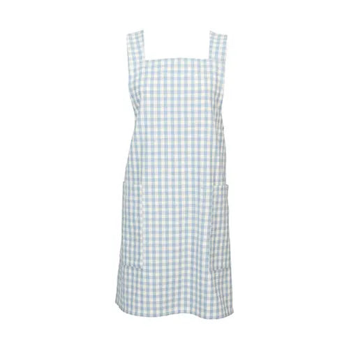A light blue and white gingham check apron with a square neckline and two front patch pockets, shown against a plain white background.