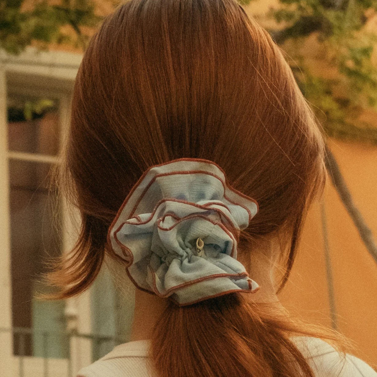 Chou Au Carre Maxi Scrunchie - Sky Blue & Rust Trim