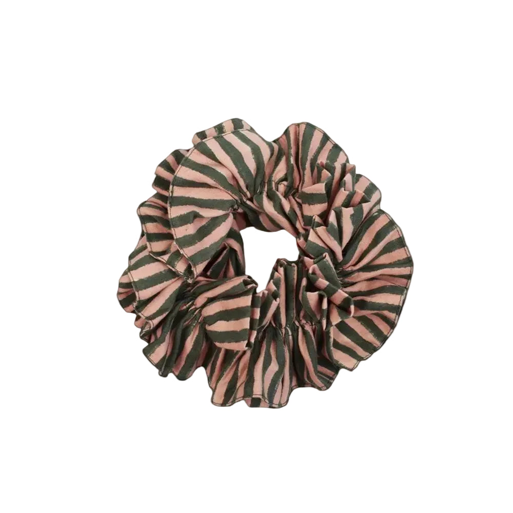 striped cotton ruffle scrunchie in pink and green stripe on a white background 