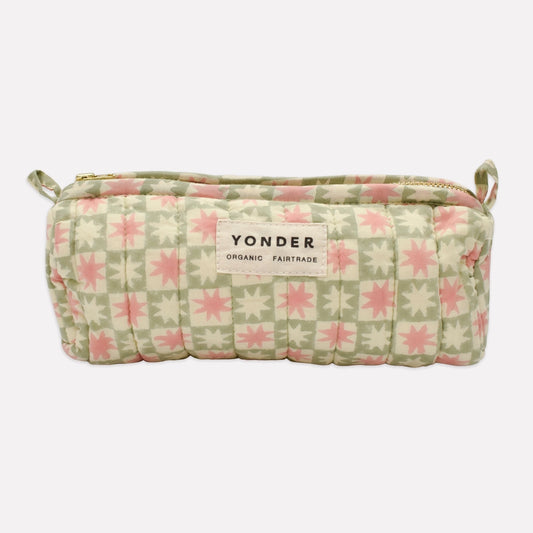 Fabric pouch with star pattern and 'Yonder' branding on a white background