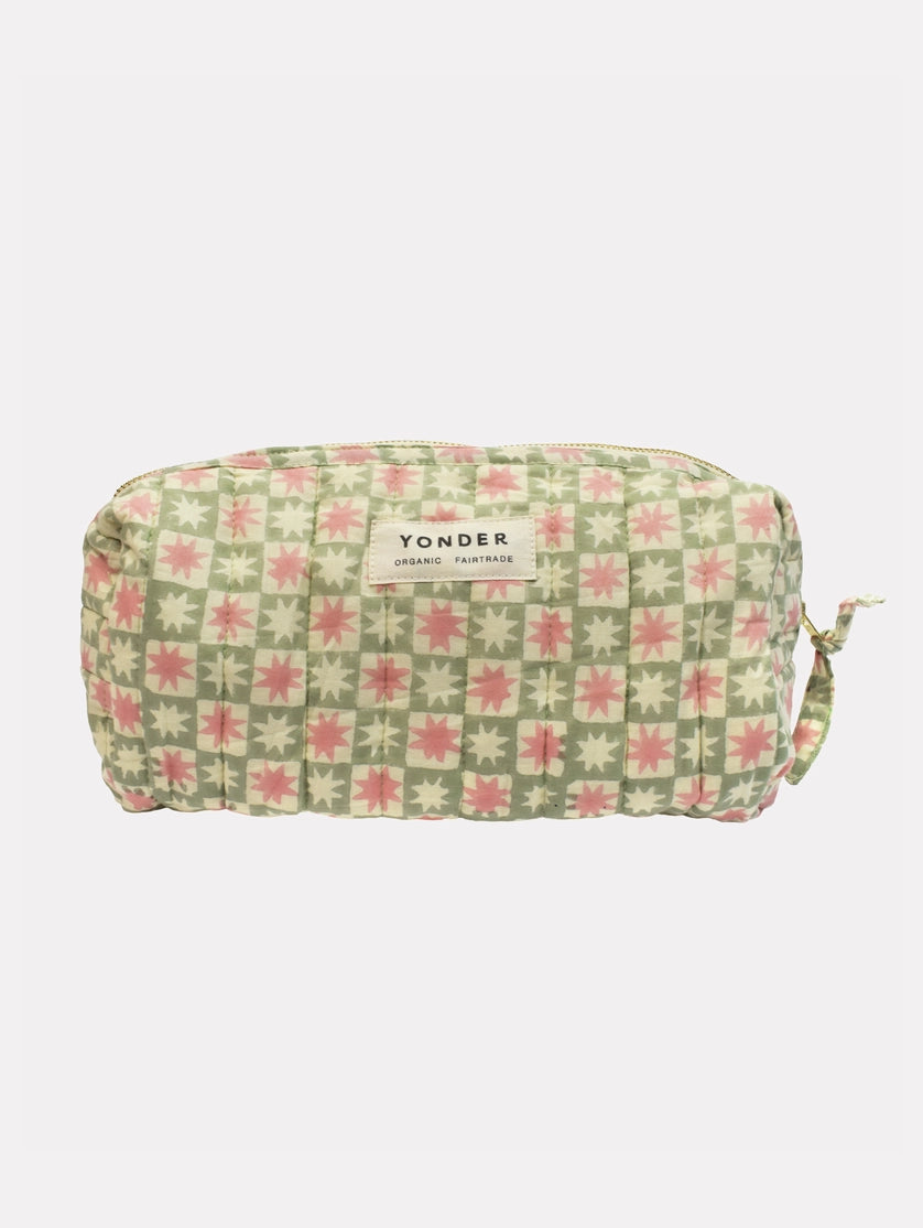 YONDER Quilted Wash Bag in Mint Pinwheel pattern on a white background 