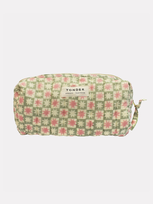 YONDER Quilted Wash Bag in Mint Pinwheel pattern on a white background 