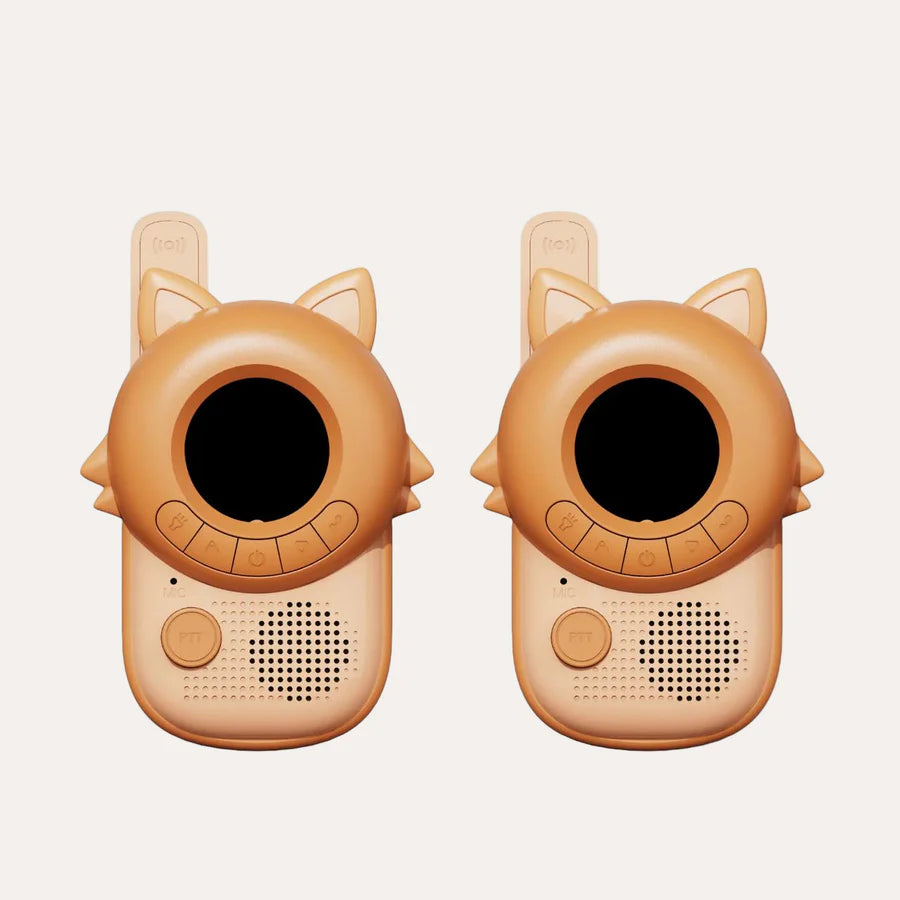 Two cartoon-style walkie-talkies with fox ears on a beige background