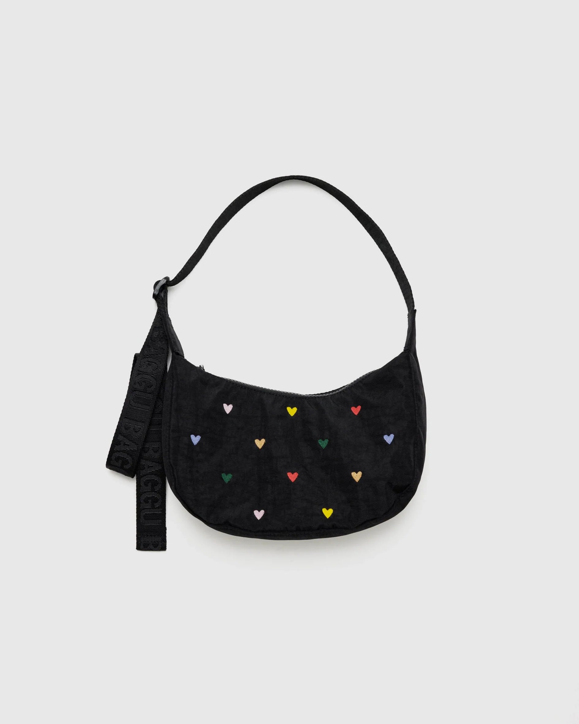 BAGGU small nylon crescent bag in embroidered hearts pattern