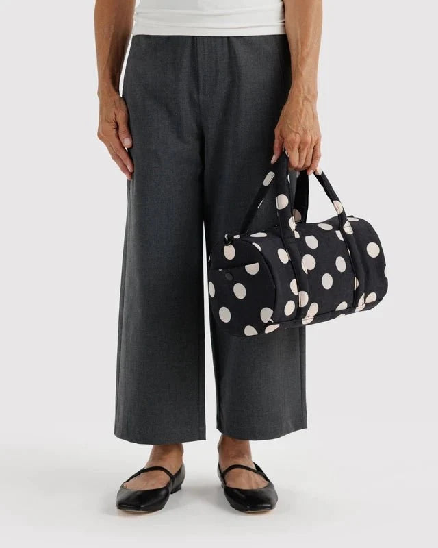 BAGGU Nylon Duffle Bag - Black and Cream Polka Dot